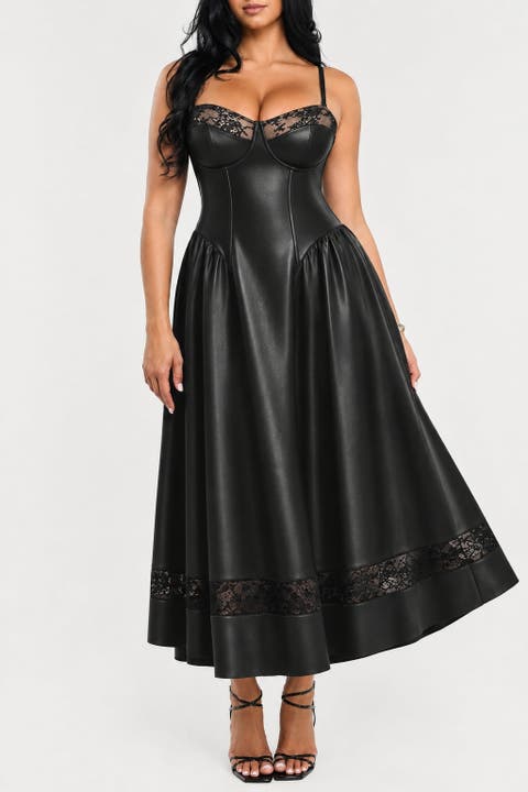 Shapewear Faux Leather Lace Panel Corset A-Line Midi Dress