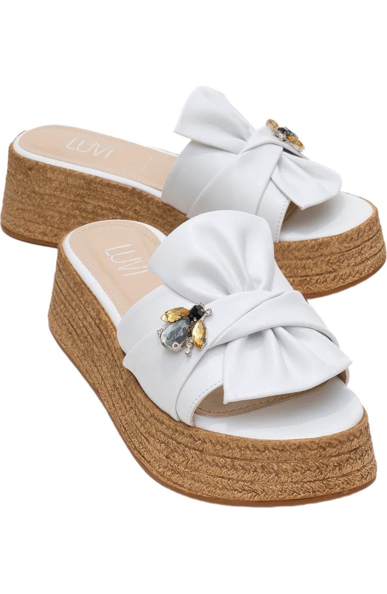 Prologue Shoes Shara Braided Bow & Bee Buckle Platform Sandal, Alternate, color, White Faux Leather