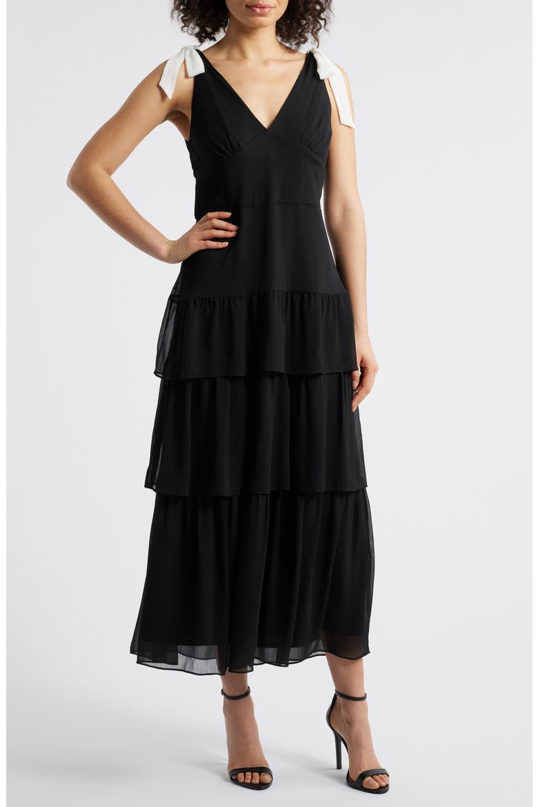 Contrast Bow Detail Tiered Dress, Main, color, BLACK WHITE