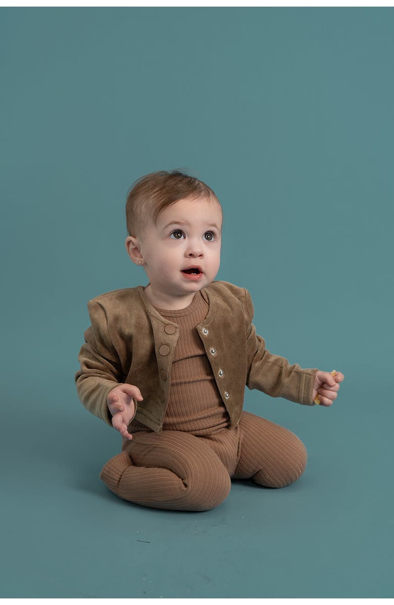 Puddles Round Neck Back Snap Ribbed Romper, Alternate, color, Cocoa