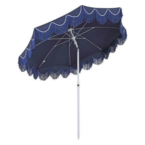 Jonathan Y Mariner 6.5 Ft. Classic Cottage Fringe Tassel Market Beach Umbrella With Push Button Tilt In Brown