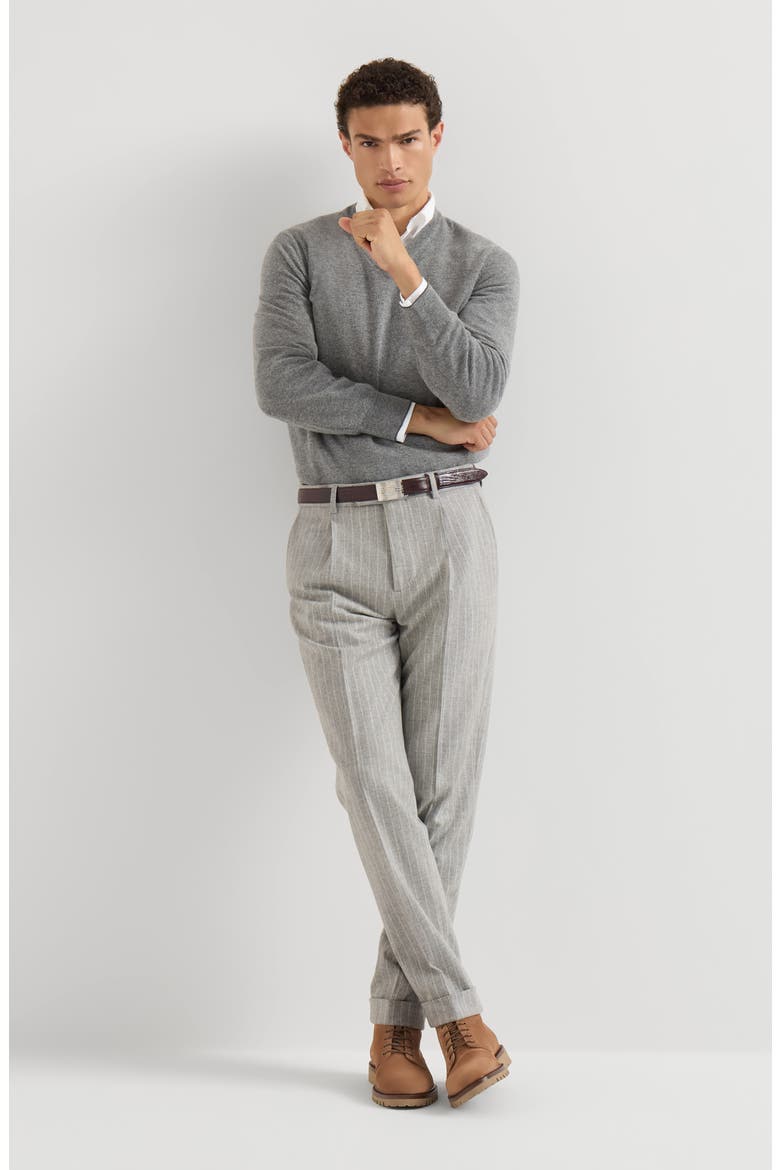 Virgin wool and cashmere chalk stripe flannel trousers with pleat, Alternate, color, Light Grey
