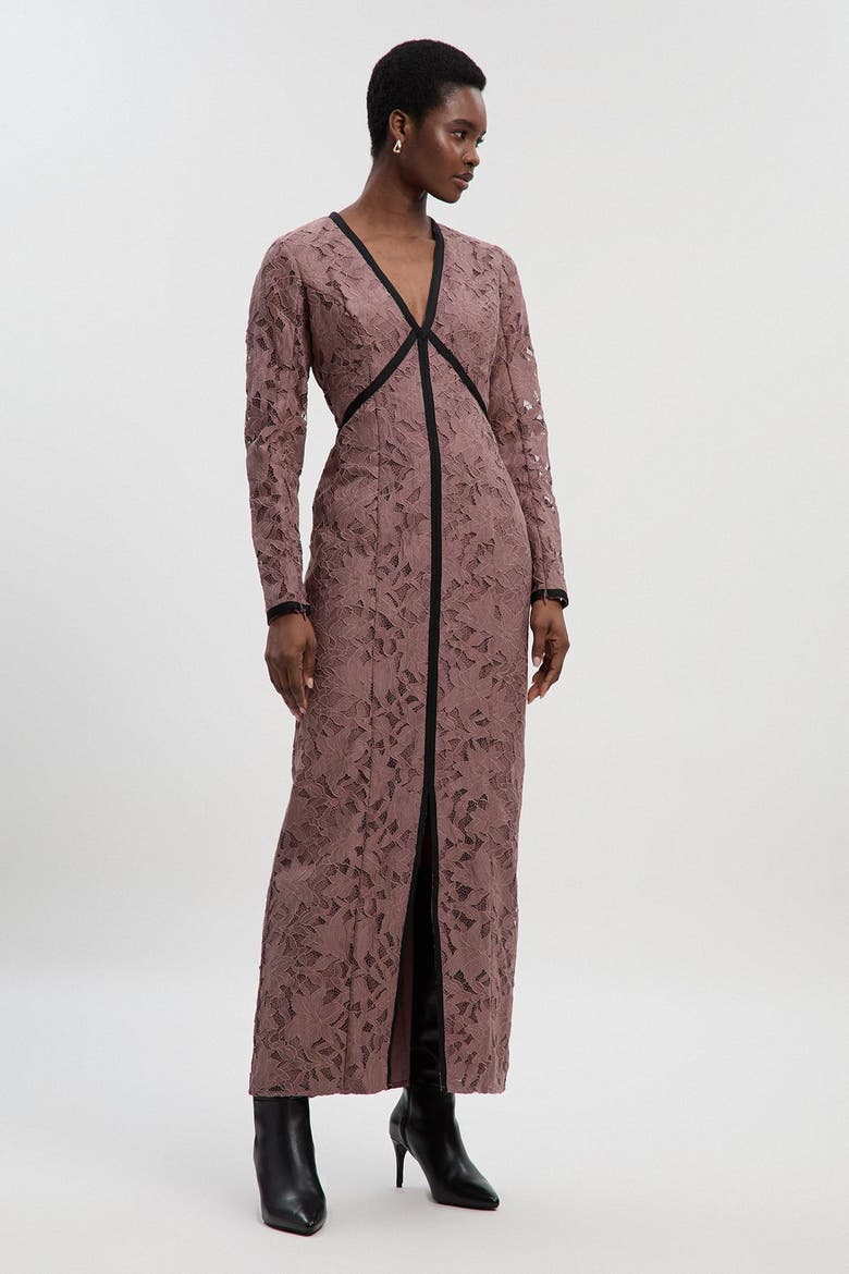 Petite V-Neck Lace Tape Maxi Dress, Main, color, Taupe