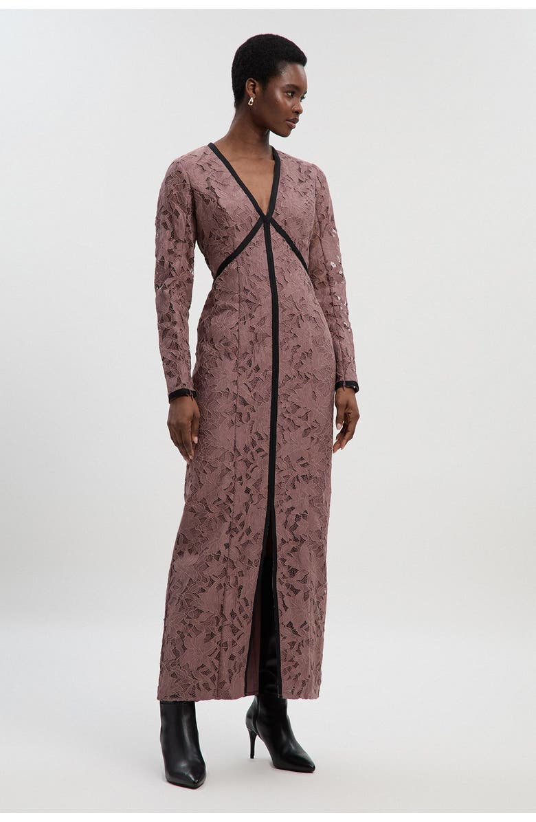 Karen Millen Petite V-Neck Lace Tape Maxi Dress, Main, color, Taupe