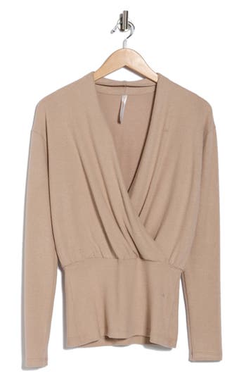 Renee C Surplice V-neck Long Sleeve Brushed Knit Top In Brown
