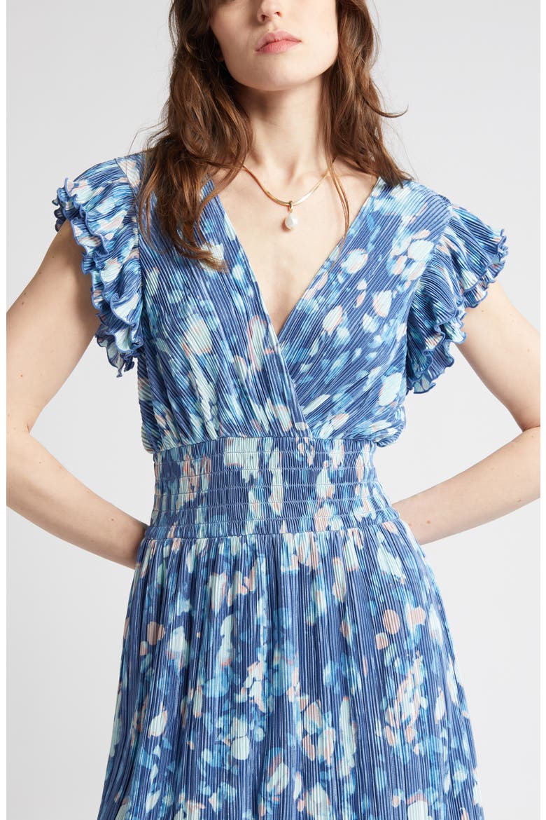 Flutter Sleeve Plissé Midi Dress, Alternate, color, BLUE FADE FLORAL