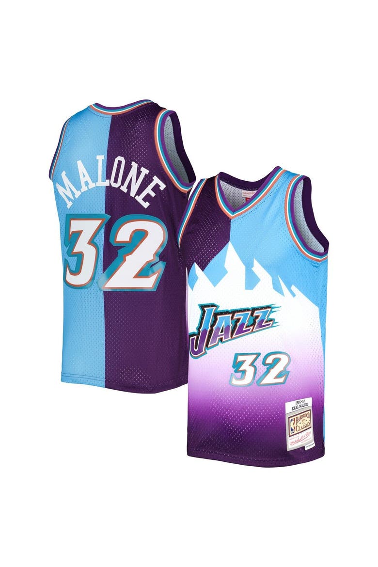 Men's Mitchell & Ness Karl Malone Purple/Turquoise Utah Jazz Hardwood Classics 1996/97 Split Swingman Jersey, Main, color, Purple