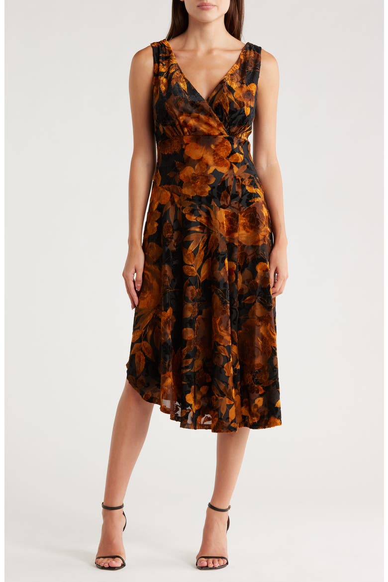 Velvet Burnout Midi Dress, Main, color, MUSTARD