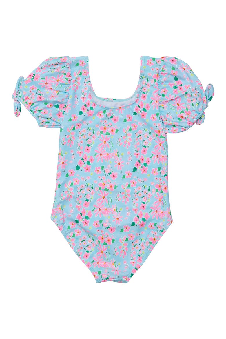 Daisy Chain Puff Sleeve One-Piece Swimsuit, Alternate, color, BLUE
