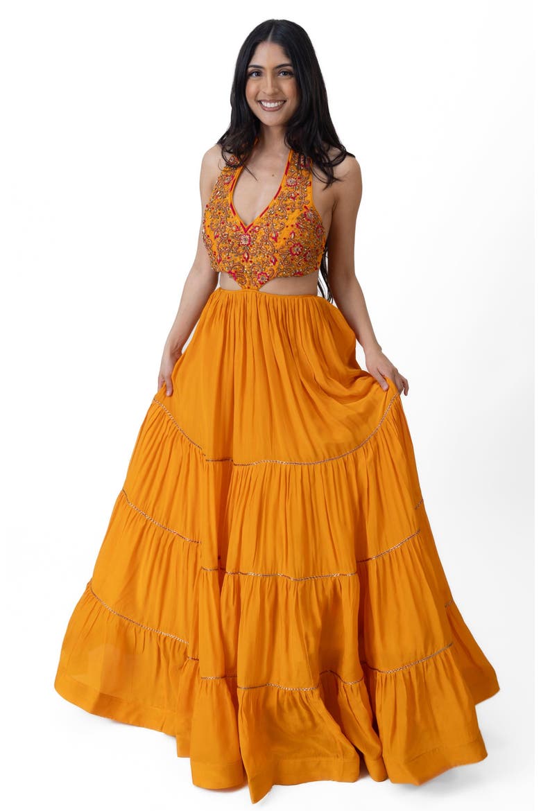 Neale Embroidered Tiered Halter Gown, Main, color, Yellow