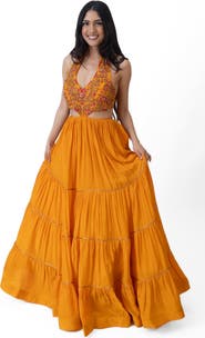 RAAS Neale Embroidered Tiered Halter Gown