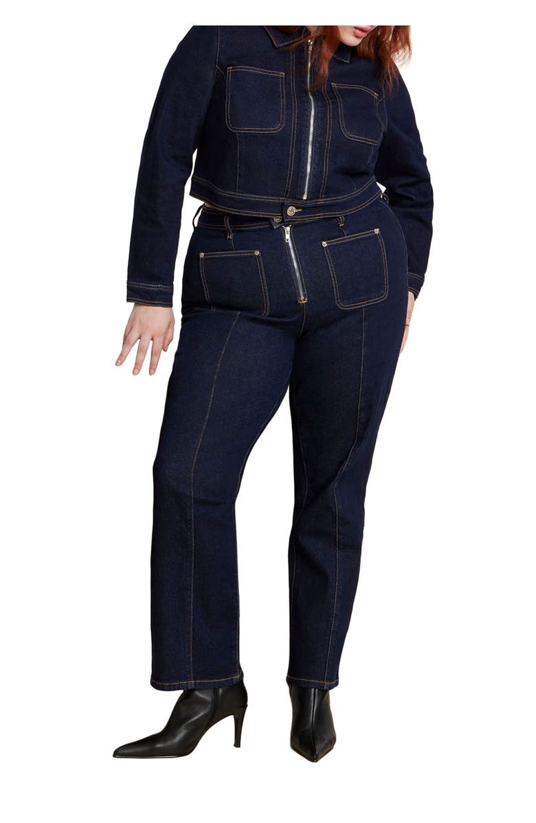 ELOQUII Zip Front Bootcut Jean, Main, color, True Dark Rinse