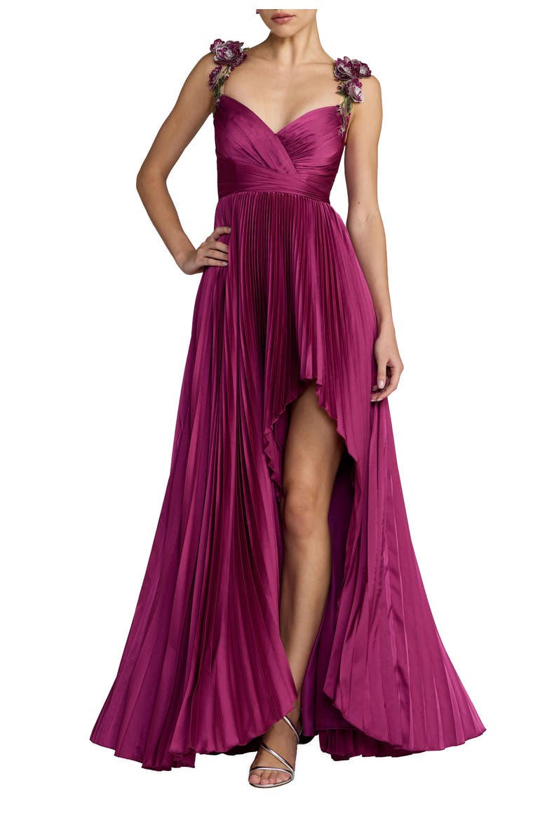 Mac Duggal Sleeveless Front Slit Charmeuse Beaded Detail Gown, Main, color, Magenta