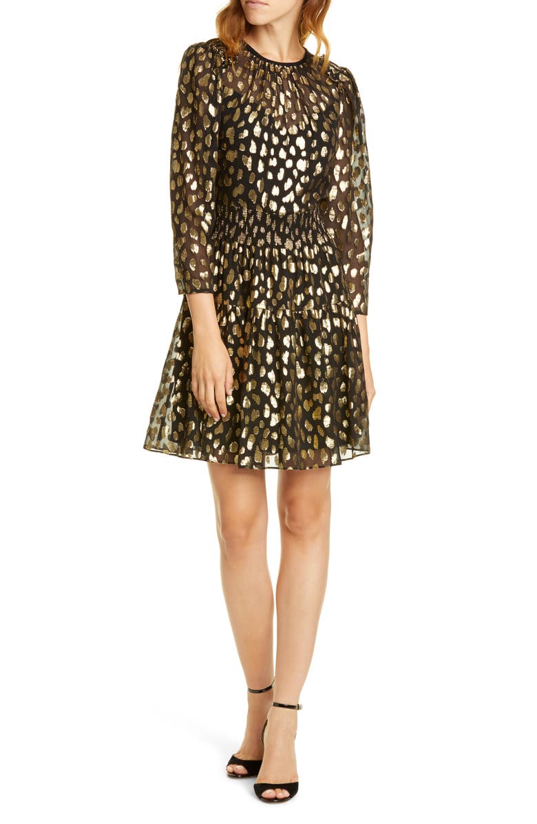 Rebecca Taylor Leopard Metallic Long Sleeve Dress, Main, color, 