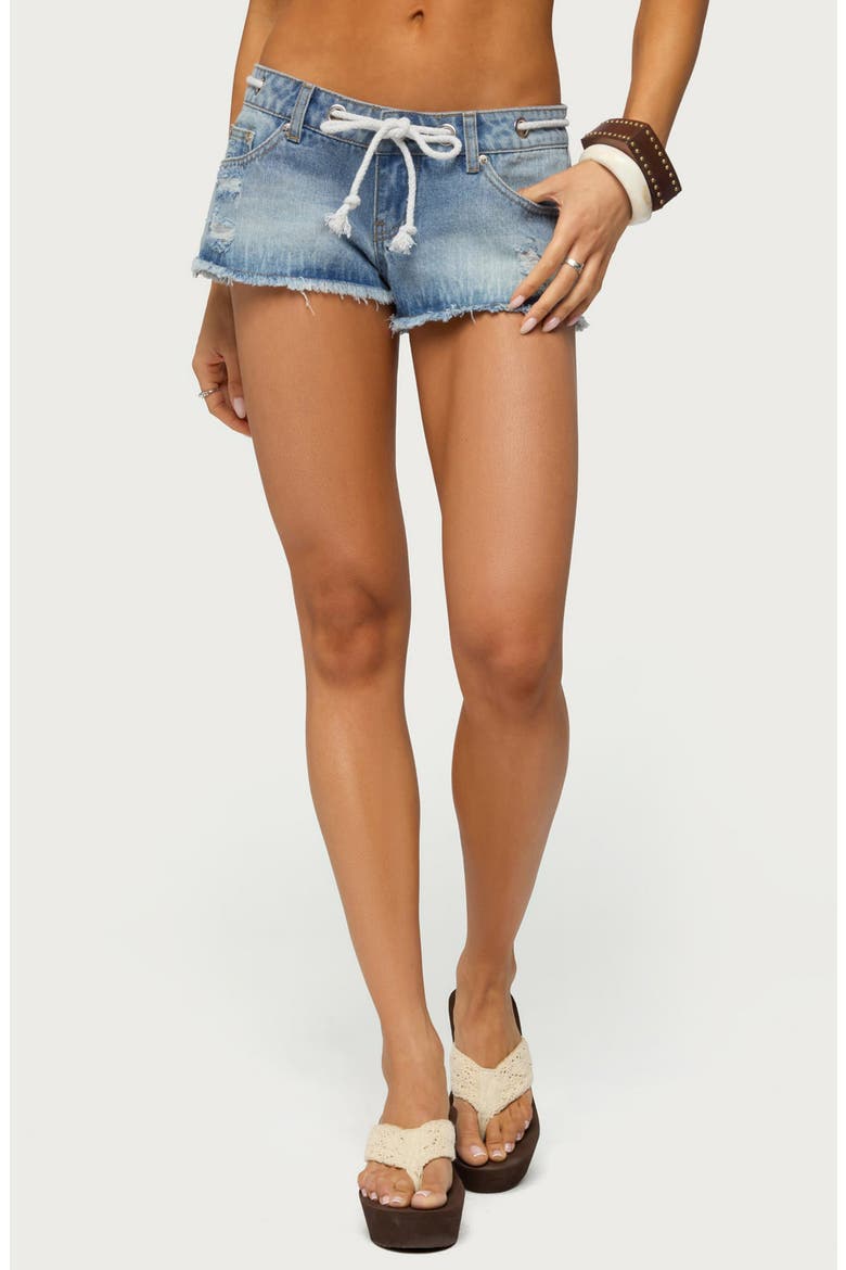 Rope Tie Denim Micro Shorts, Main, color, LIGHT-BLUE-WASHED
