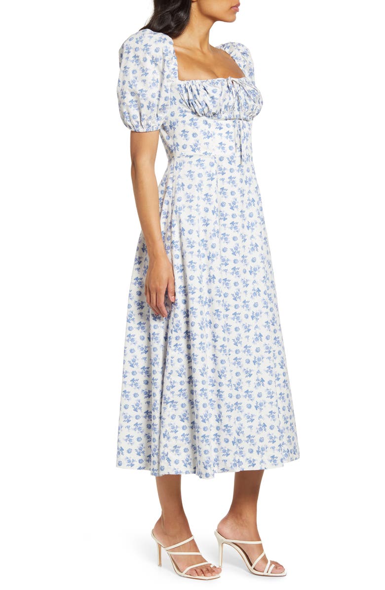 HOUSE OF CB Tallulah Puff Sleeve Midi Dress, Alternate, color, Blue White Floral