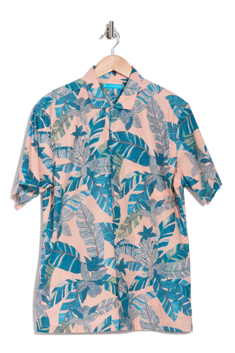 Seurat Garden Short Sleeve Cotton Button-Up Shirt, Alternate, color, SALMON