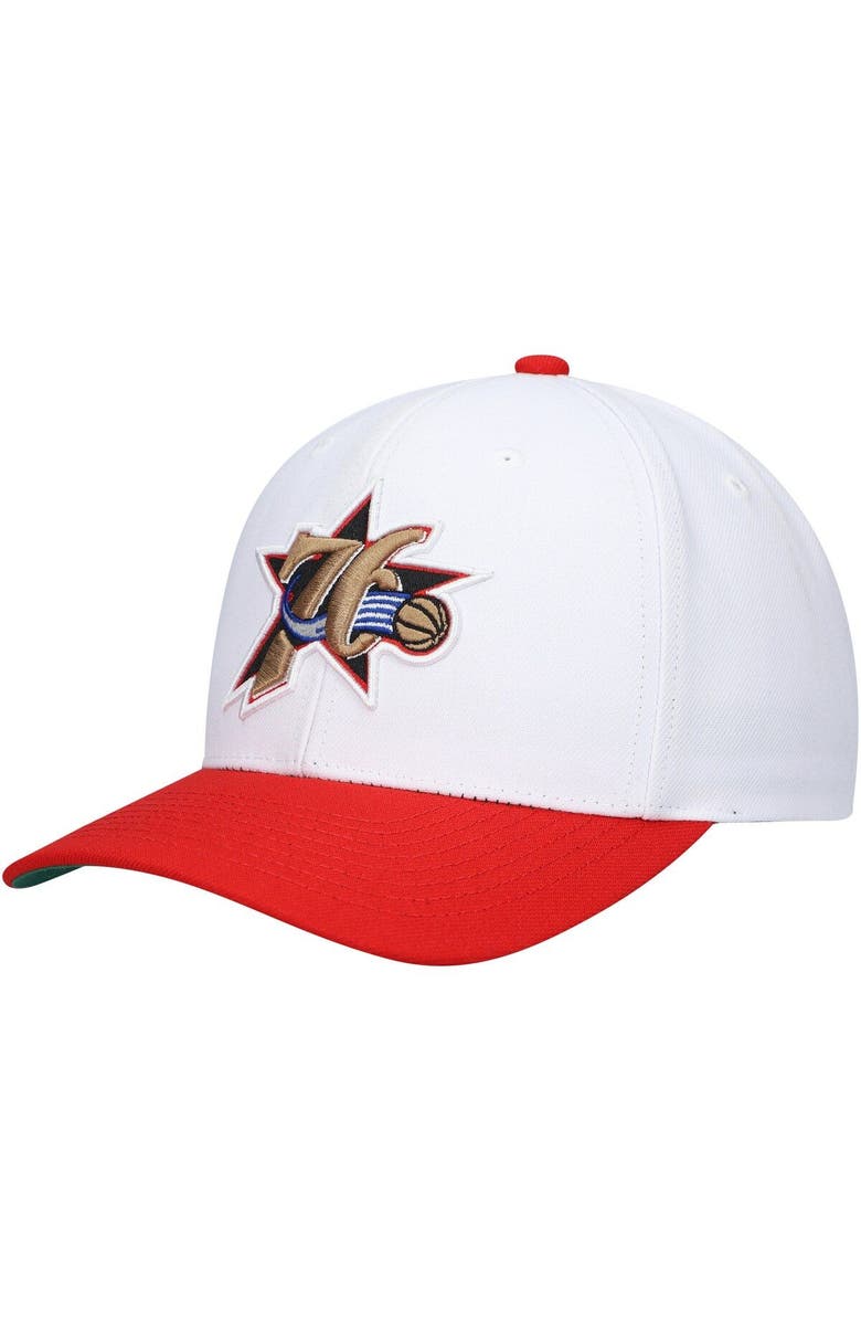 Mitchell & Ness Men's Mitchell & Ness White/Red Philadelphia 76ers Hardwood Classics Core 2-Tone 2.0 Pro Snapback Hat, Main, color, 