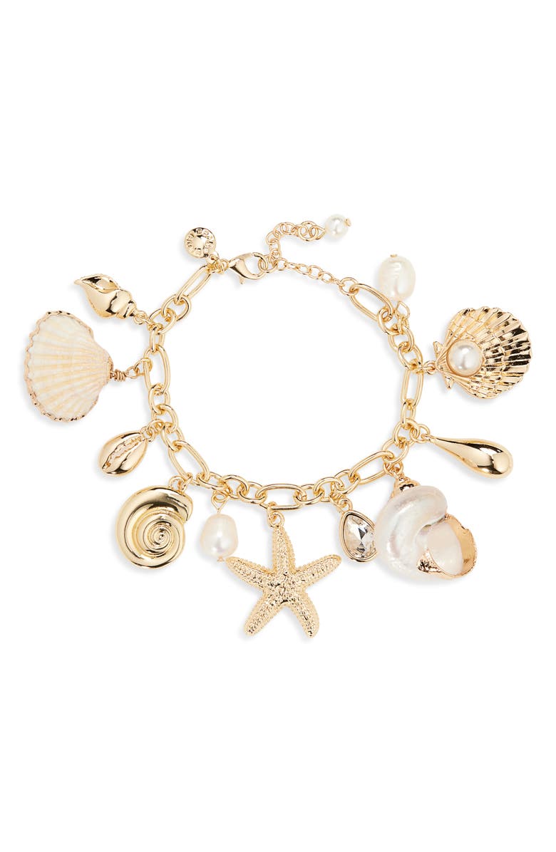 BaubleBar Linda Shell Charm Bracelet, Main, color, Gold