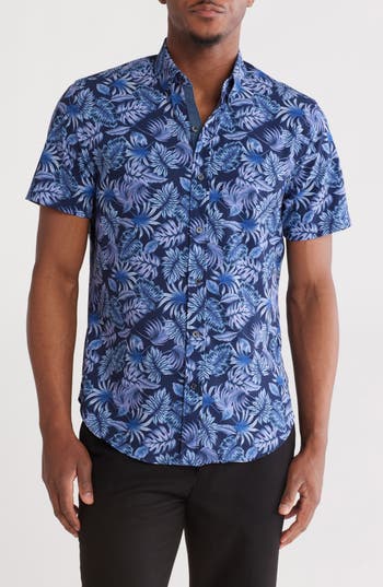 Construct Tropical Short Sleeve Stretch Button-down Shirt In Navy