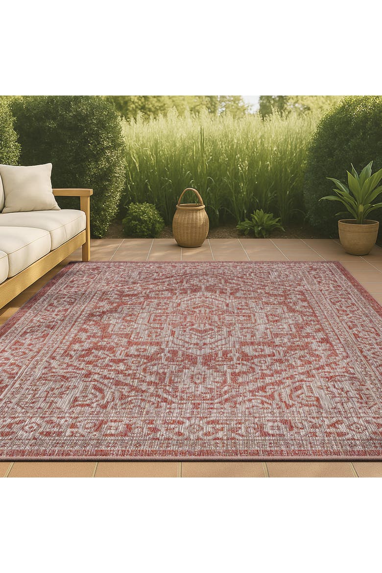 Sinjuri Medallion Textured Weave Indoor/Outdoor Area Rug, Alternate, color, Red/Taupe