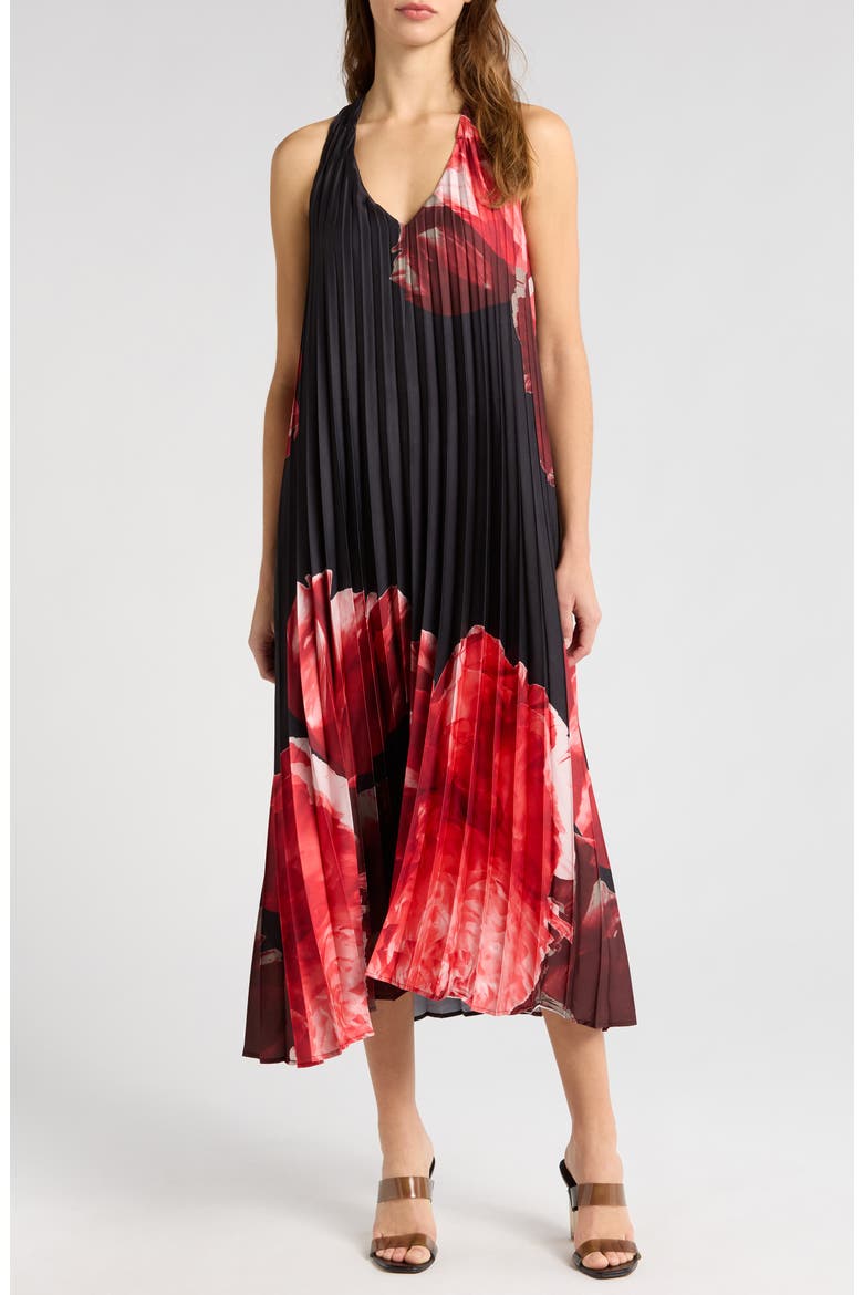 Sunburst Pleat Maxi Dress, Main, color, BLACK/RED FLORAL