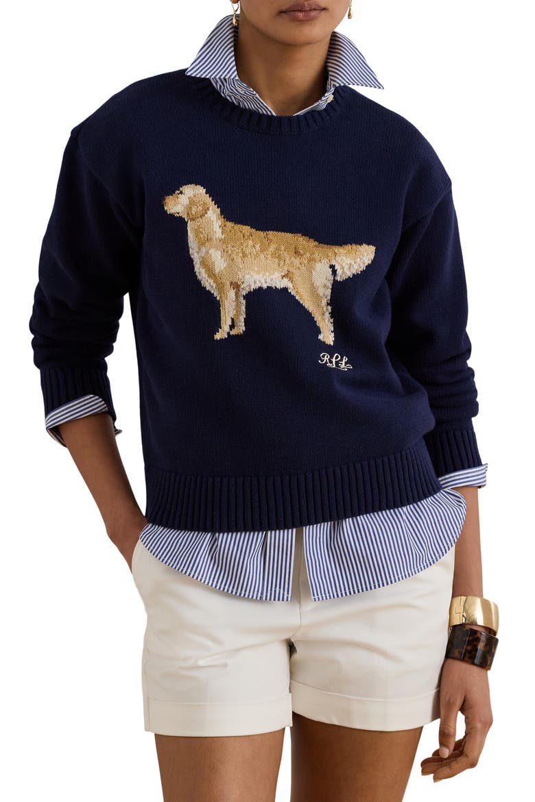 Golden Retriever Intarsia Cotton Sweater, Main, color, REFINED NAVY BLUE/ MULTI