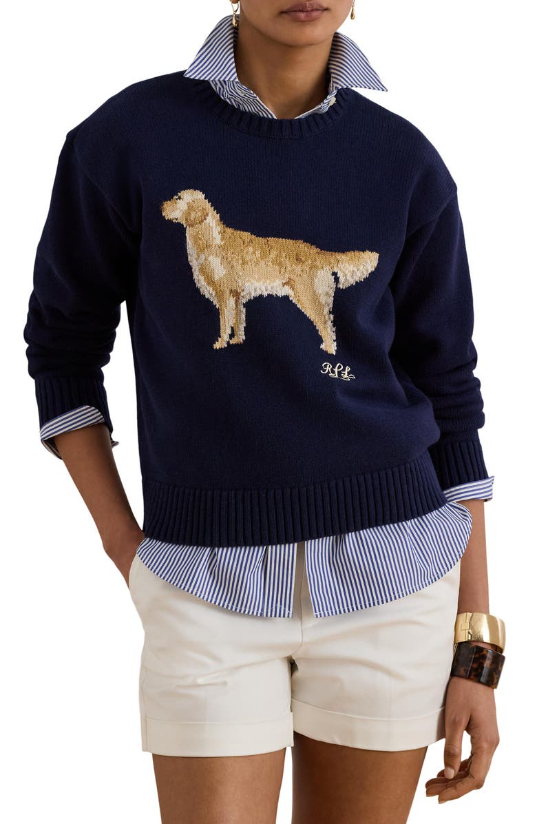 Lauren Ralph Lauren Golden Retriever Intarsia Cotton Sweater, Main, color, Refined Navy Blue/ Multi