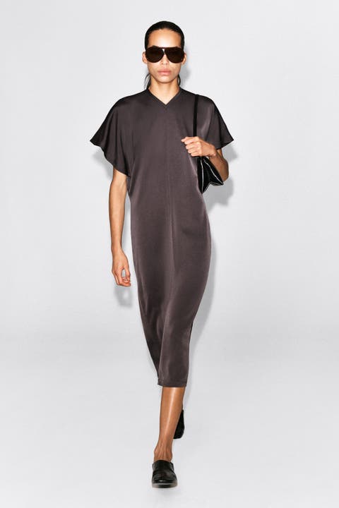 Draped V-neck Crepe Midi Dress