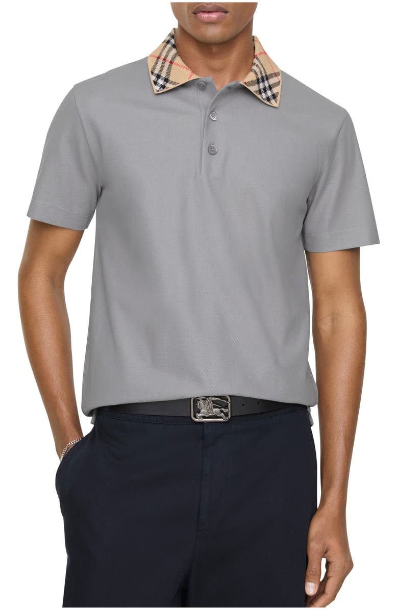 Burberry Check Collar Cotton Polo Shirt, Main, color, Rainy Grey