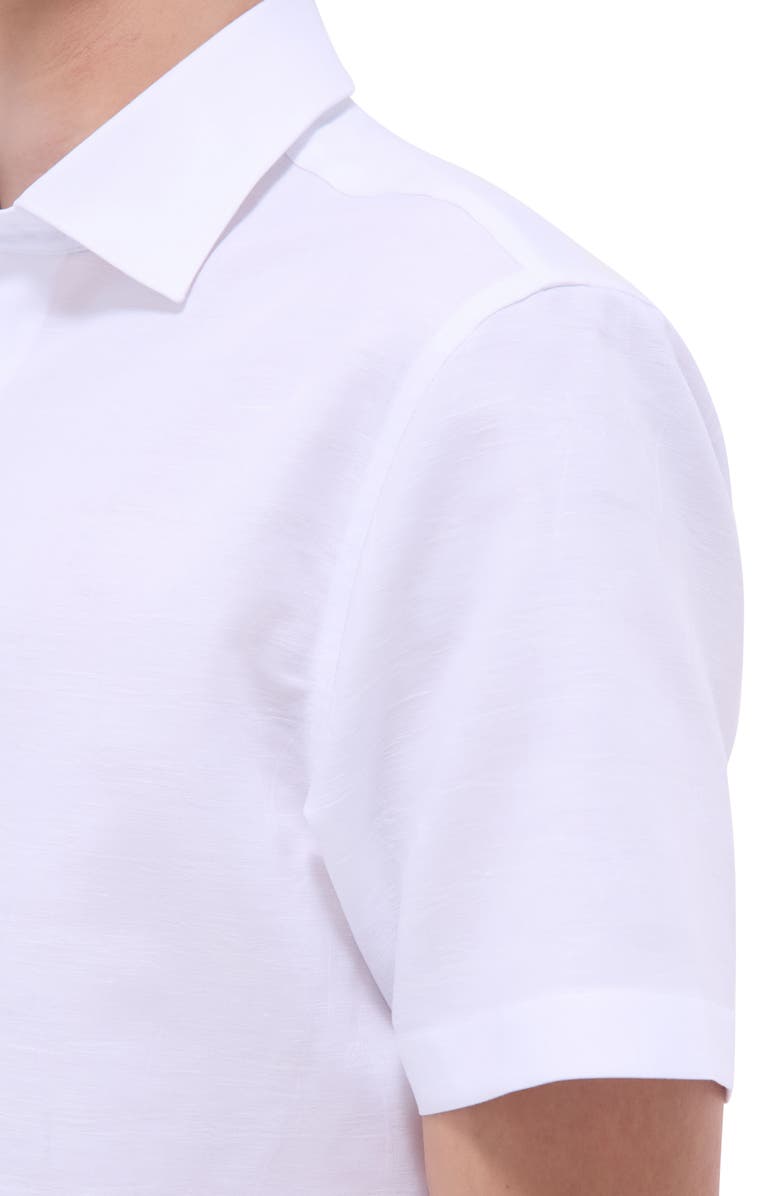 Bugatchi Orson Palm Tree Pattern Solid Short Sleeve Cotton & Linen Button-Up Shirt, Alternate, color, White