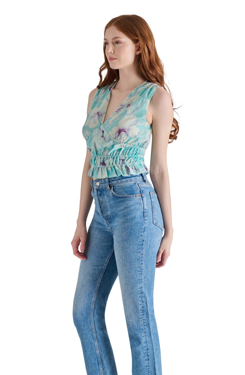 Steve Madden Floral Print V-Neck Sleeveless Ruched Top, Alternate, color, Hazy Blue