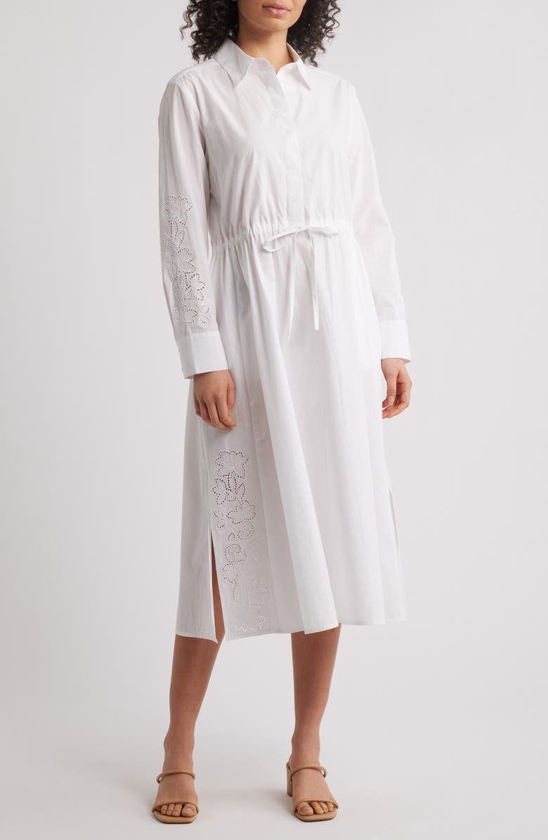 Caslon<sup>®</sup> Eyelet Detail Long Sleeve Cotton Shirtdress, Main, color, White