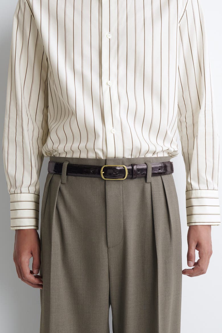 Curved-buckle Leather Belt, Alternate, color, BROWN / GOLD / CROC EFFECT