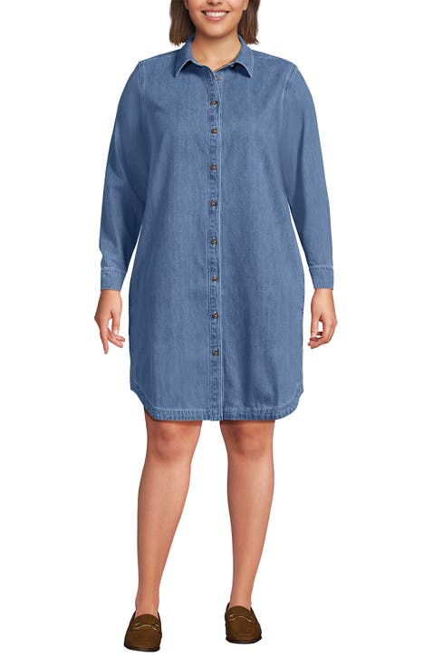 Plus Size Light Weight Denim Long Sleeve Button Front Shirt Dress