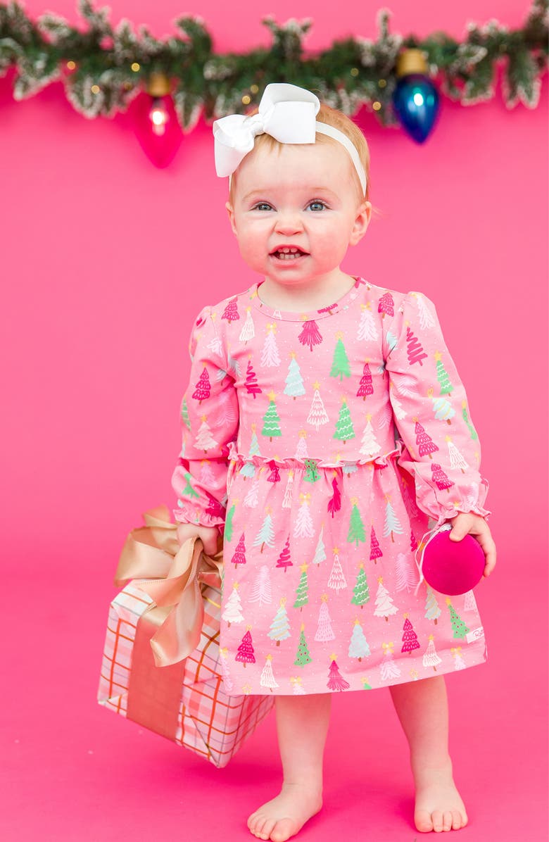 RuffleButts Holiday Tree Print Cotton Jersey Skirted Bodysuit & Headband Set, Alternate, color,