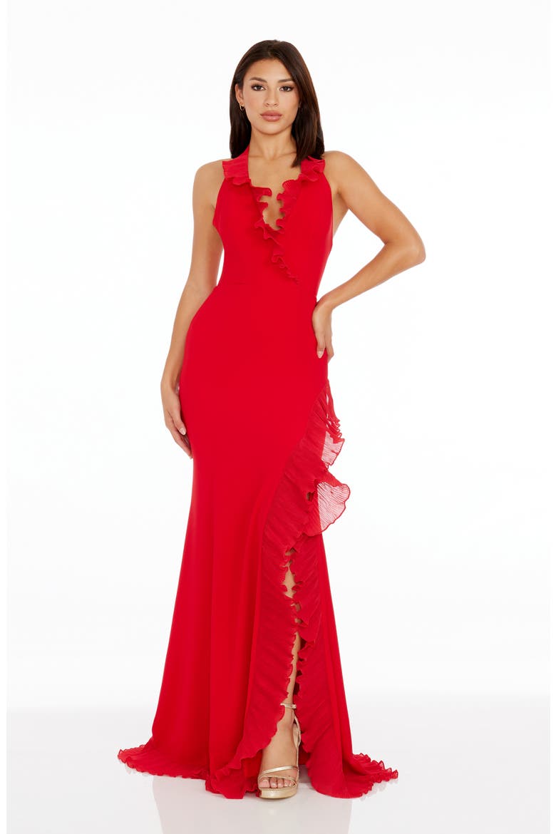 Kathleen Ruffle Halter Gown with Train, Alternate, color, ROUGE