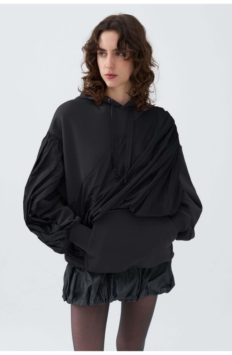 Nocturne Hooded Sweatshirt with Taffeta Drape Detail, Main, color, 