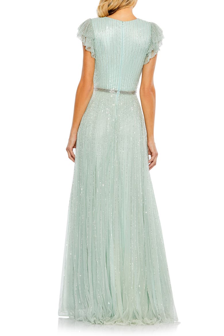 Women's Sequined Wrap Over Ruffled Cap Sleeve Gown, Alternate, color, SEAMIST
