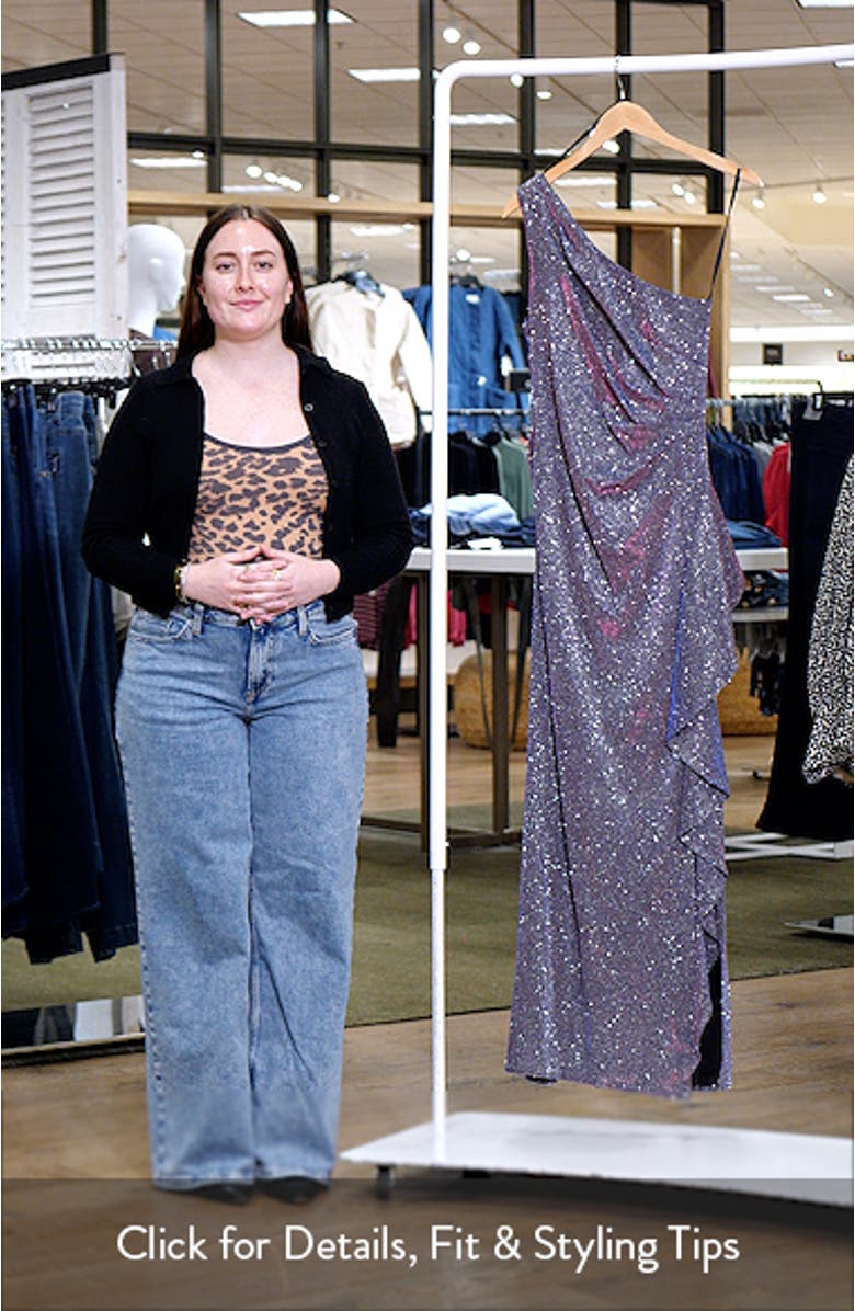 Glitter Galaxy Ruffle One-Shoulder Gown, sales video thumbnail