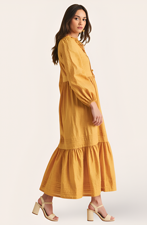 Modenaire Midi Shirred Neckline Tie Front Long Sleeve Tiered Hem Dress In Yellow