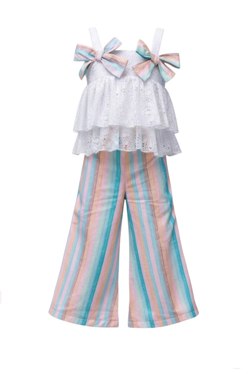 Mia Belle Girls Coastal Boho Lace Top and Palazzo Pant Set, Main, color, White