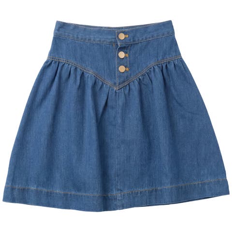Girls Denim V-Yoke Skirt - Adjustable Waist, Button Front