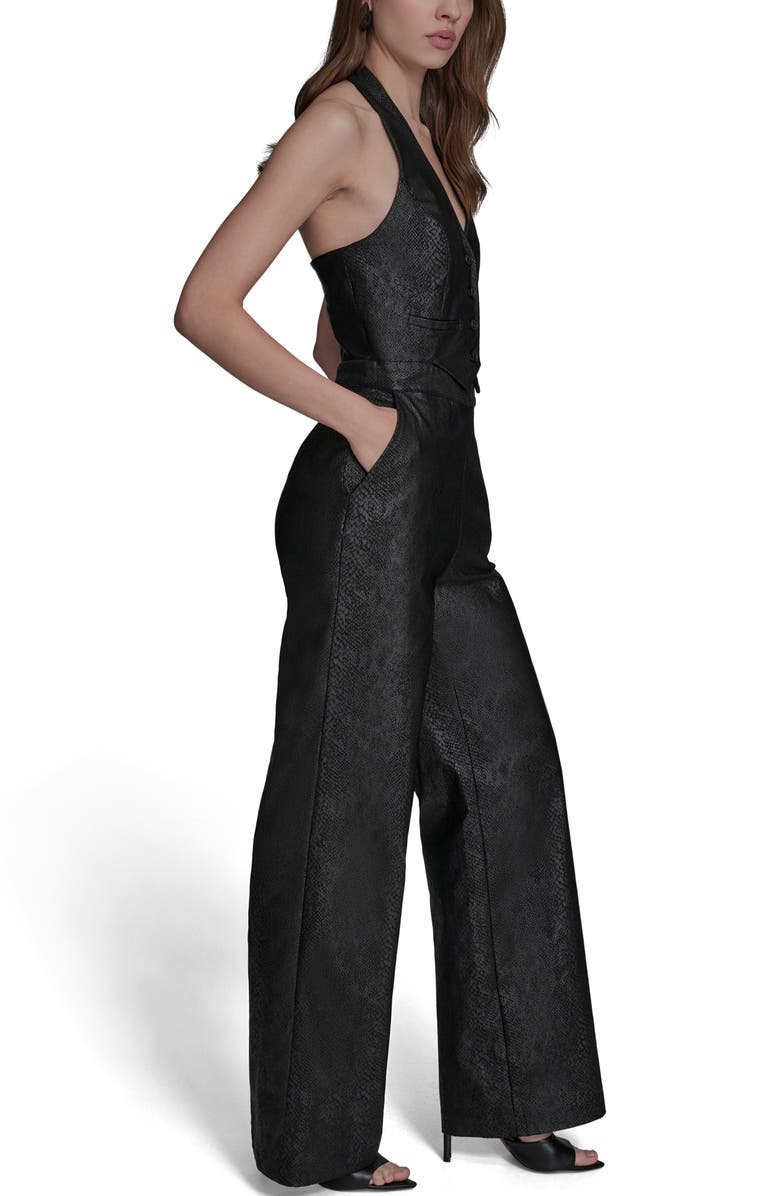 BCBG Snakeskin Foil Halter Jumpsuit, Alternate, color, Black