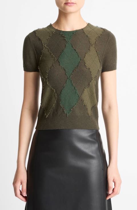 Hand Cut Argyle Wool & Cashmere Blend Short Sleeve Sweater