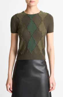Vince Hand Cut Argyle Wool & Cashmere Blend Short Sleeve Sweater