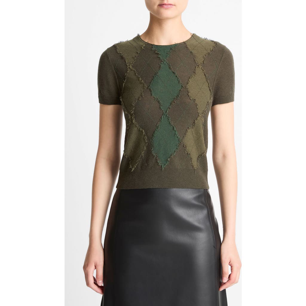 Vince Hand Cut Argyle Wool & Cashmere Blend Short Sleeve Sweater In Multi