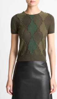 Vince Hand Cut Argyle Wool & Cashmere Blend Short Sleeve Sweater
