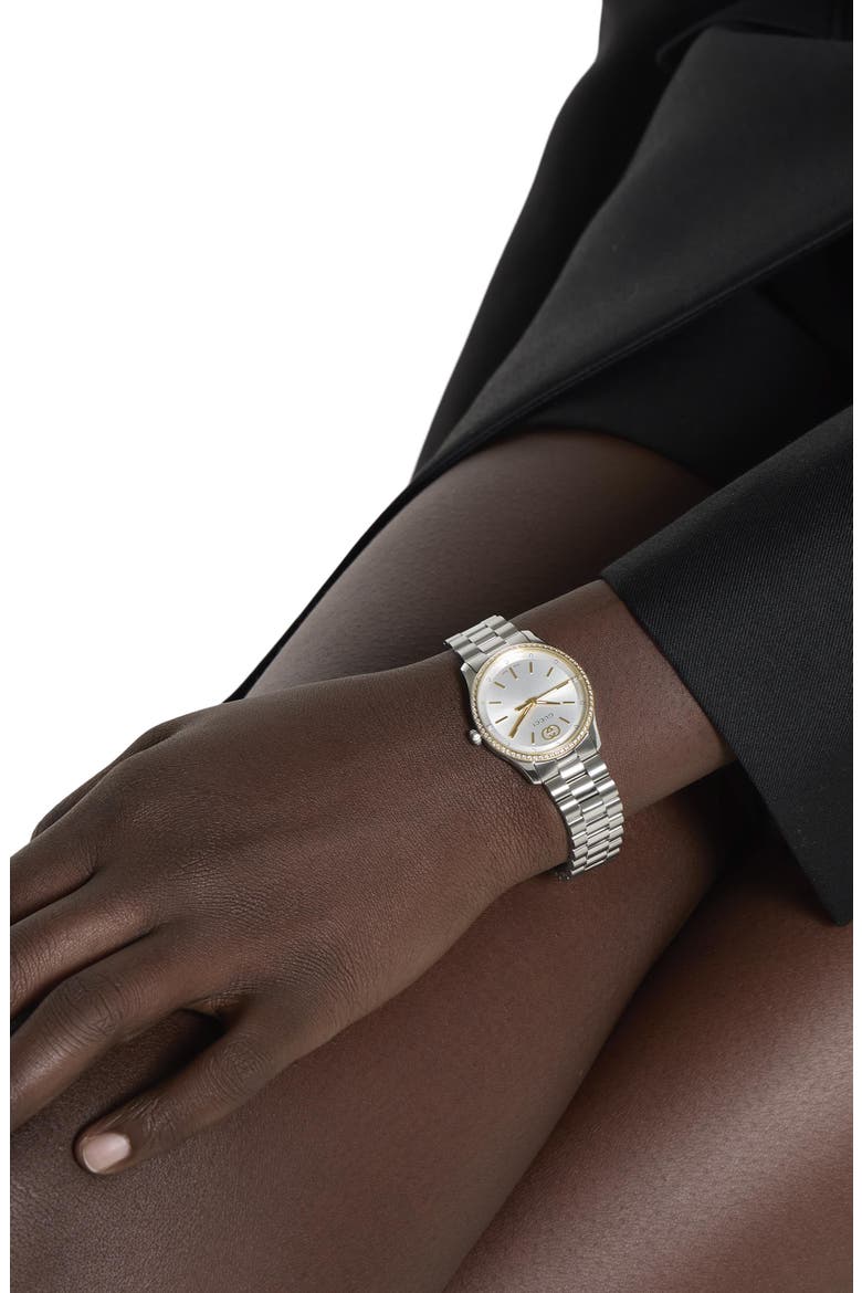 G-Timeless Diamond Bezel Slim Bracelet Watch, 29mm, Alternate, color, SILVER/ GOLD