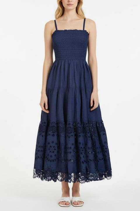 Kristen Sleeveless Smocked Eyelet Midi Dress